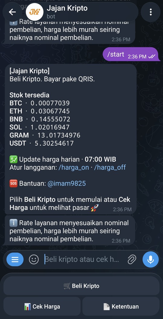 Menu awal bot Jajan Kripto dengan pilihan Beli Kripto.