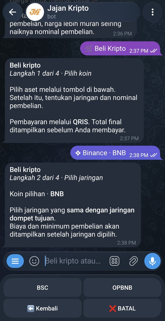 Pilihan aset dan jaringan pada bot Jajan Kripto.
