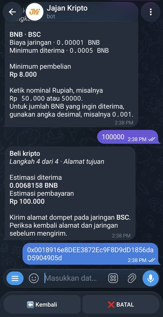 Tahap pengisian alamat dompet tujuan di Jajan Kripto. 