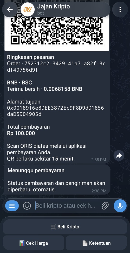 Ringkasan pembelian kripto sebelum pembayaran QRIS.